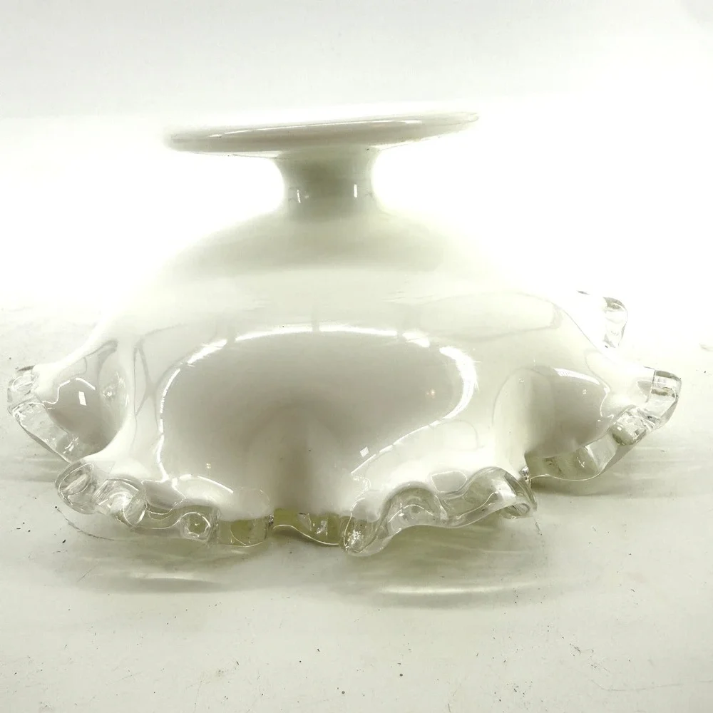 Vtg Fenton Silver Crest Milk Glass Compote Bowl Ruffled Edge Pedestal Candy Dish